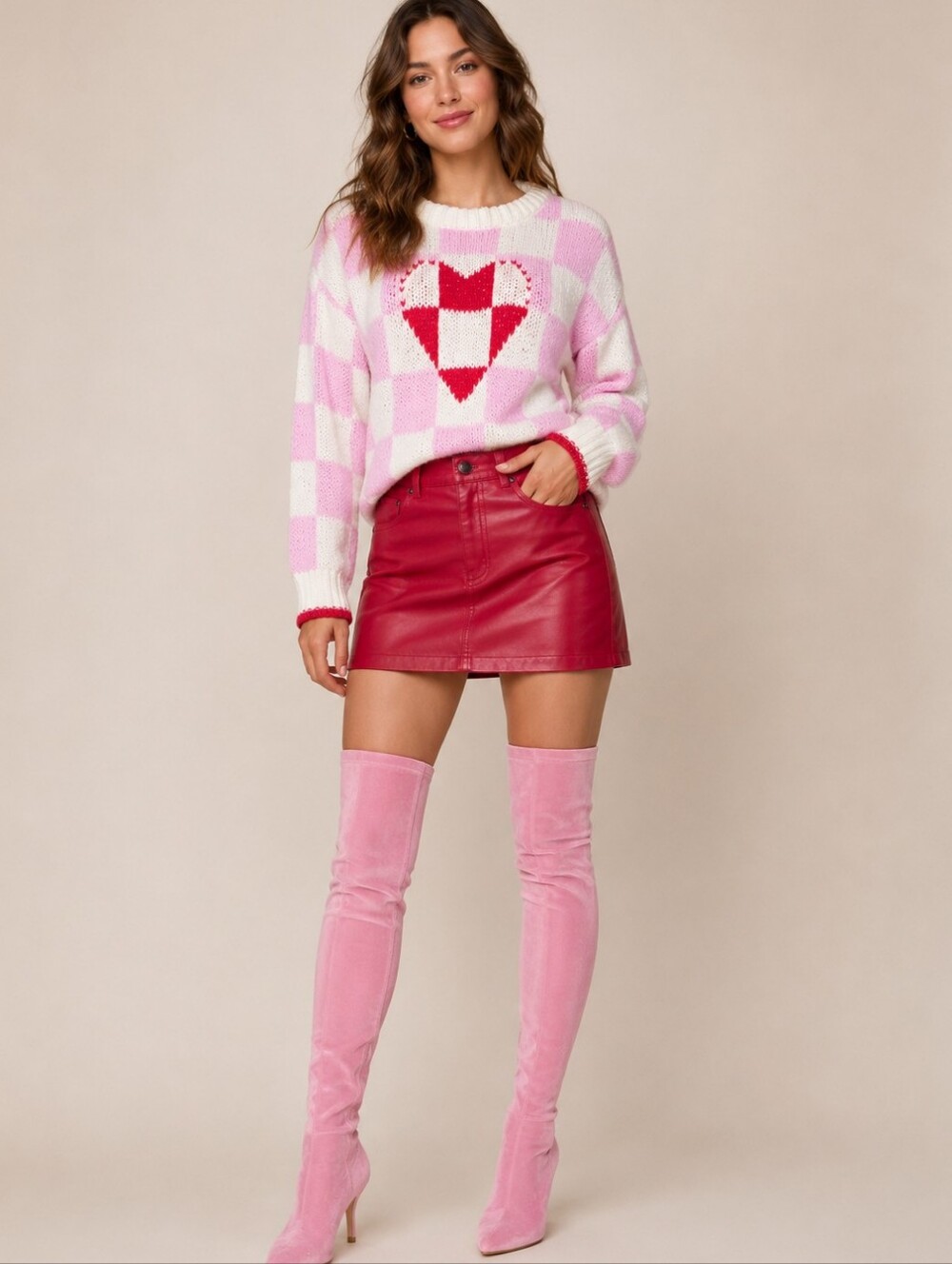 Anthropologie Sweater by Luna Ivy Pink & Red Checker Heart M